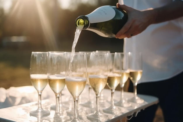 Champagne glasses on waiter tray at festive celebration outdoors Generative AI