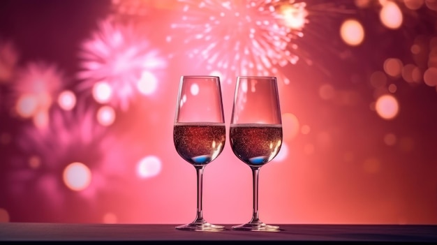 champagne glasses with firework on the red bokeh light background