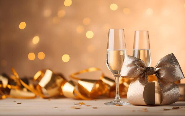 Champagne glasses with gold bow and gold ribbon on a table with gold lights in the background