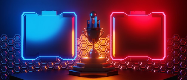 Champion cup award tournament video game of scifi gaming red blue vs esports backgound vr virtual reality simulation and metaverse scene stand pedestal stage 3d illustration rendering