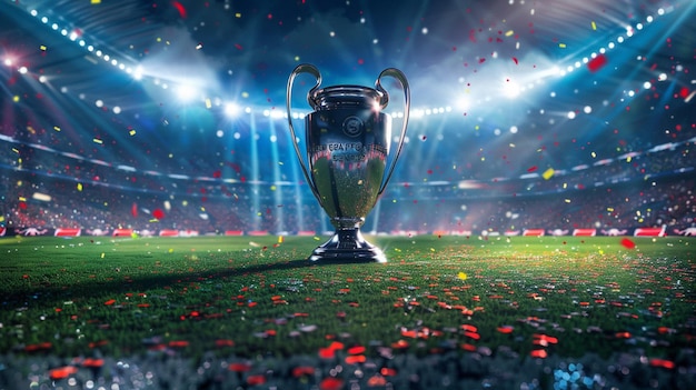 The champion cup stands on a green field at a football stadium with the light of spotlights and confetti