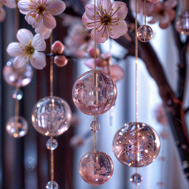 a chandelier hanging from a tree with a flower hanging from it