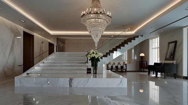 a chandelier hangs from the ceiling in a hotel lobby