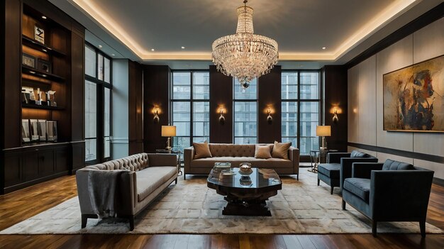 a chandelier hangs from a table in a large room