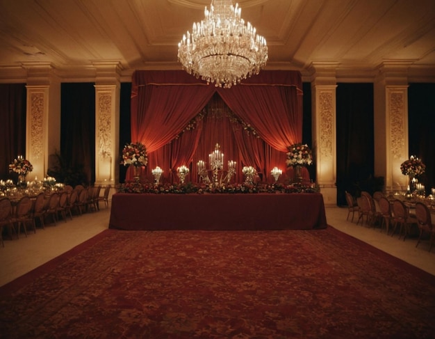 a chandelier is lit up in a room with a cross on it