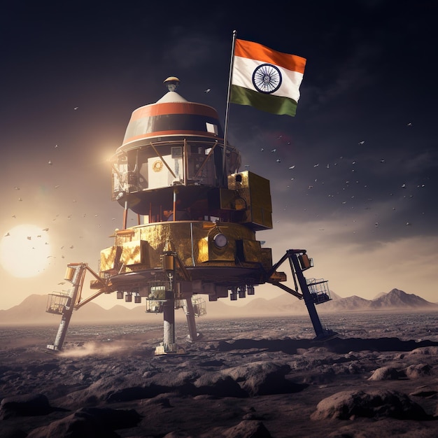 Chandrayaan 3's soft landing on the moon with the Indian flag proudly standing in the foreground