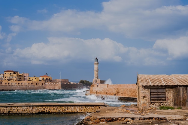 Chania with it39s old harbor and the famous lighthouse Crete Greece