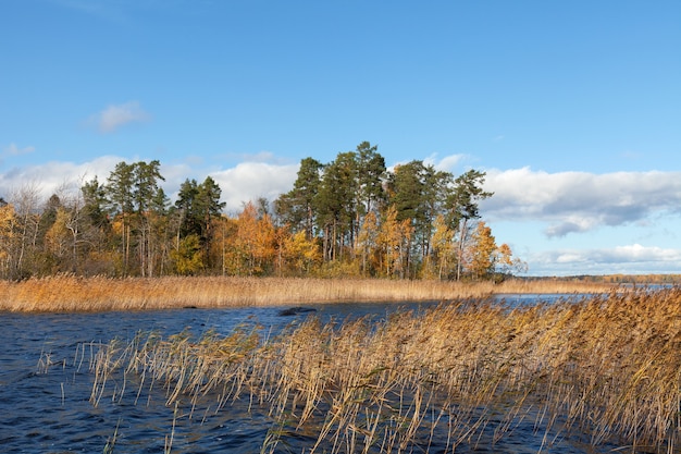 Channel between islands, tranquil autumn landscape. Sunny day.