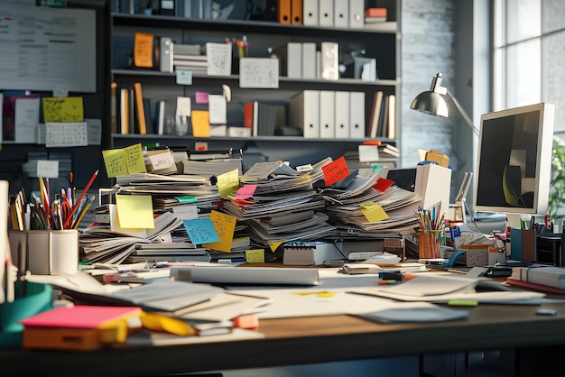 Photo the chaos of creativity a desk overflowing with inspiration and unfinished business