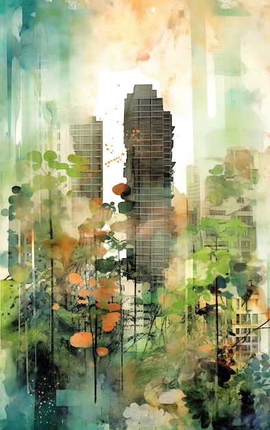 Chaotic abstract watercolor painting of trees and cities