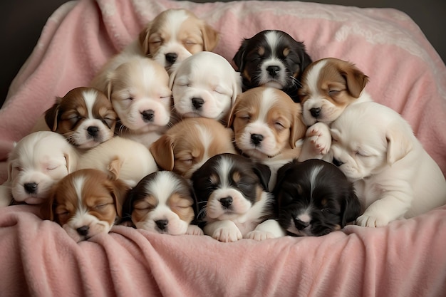 A chaotic cuddle puddle of fluffy puppies of different breeds napping peacefully