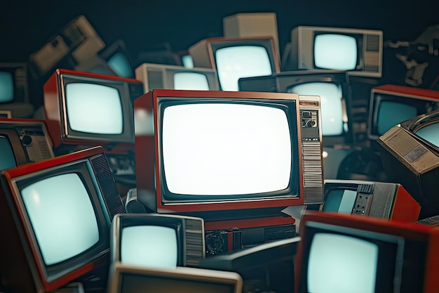 Chaotic heap of vintage televisions