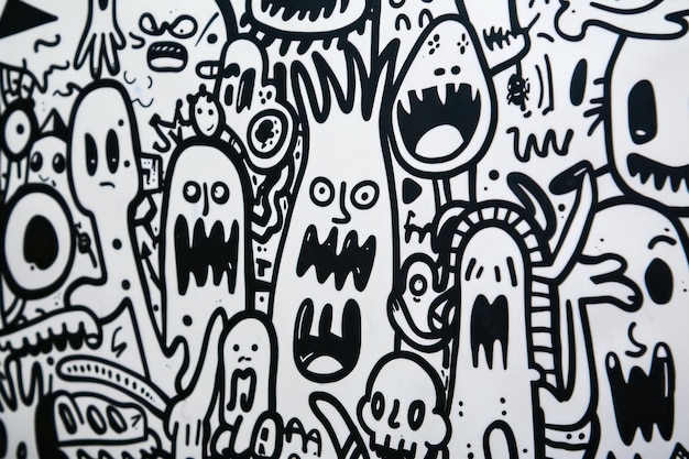 A chaotic illustration featuring various cartoonish monsters with exaggerated faces and expressions in black and white