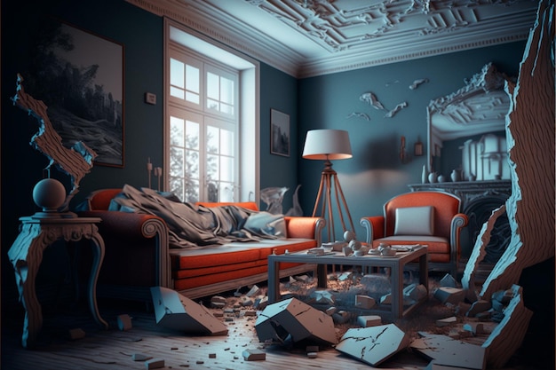 Chaotic living room interior after strong earthquake