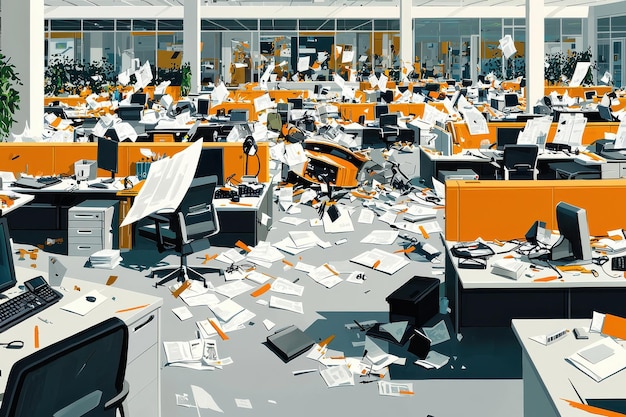 Photo chaotic office environment with scattered papers and equipment