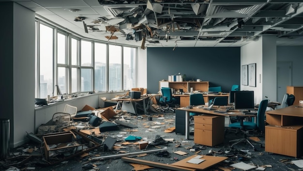 Photo a chaotic office space filled with debris and disarray suggesting neglect