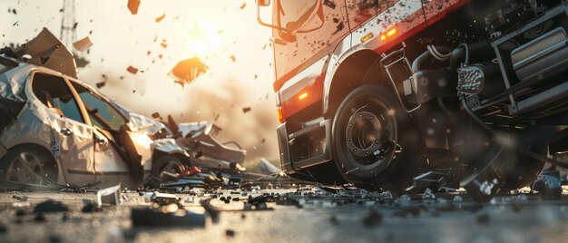 Photo a chaotic scene of a car and truck collision debris scattered captured at the dramatic moment of impact with sunlight streaming in