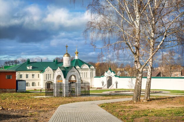 The chapel and church of the icon is worthy in the Epiphany Monastery in Uglich in the rays of the autumn sun