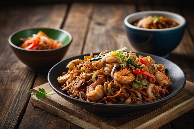 Char Kway Teow with Rustic Wooden Planks Background