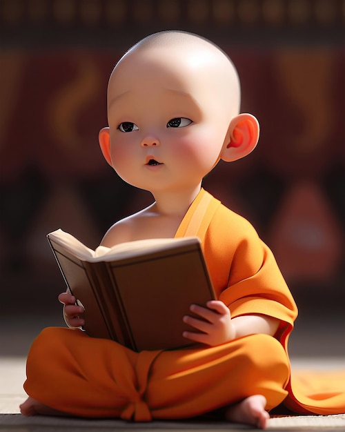 Character 3D of Baby monk boy meditate sitting read a book in thai temple Generative ai