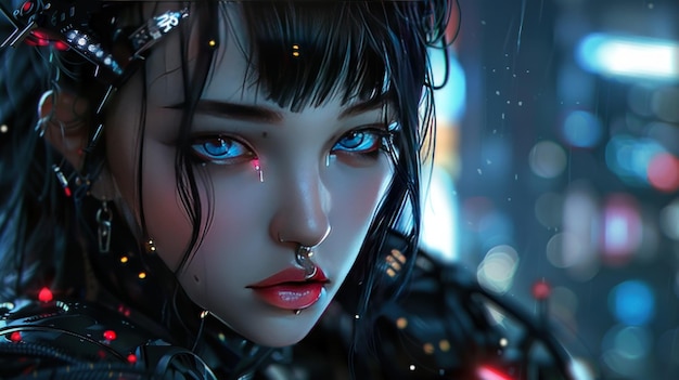 character cute face cyborg girl cyberpunk anime style Background wallpaper AI generated image