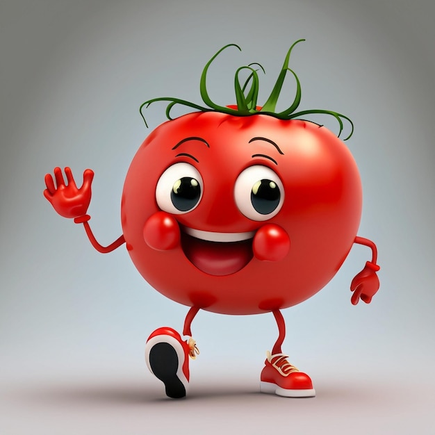 The character of a cute funny tomato has two thin legs wears a kochi raises her hand to the sky