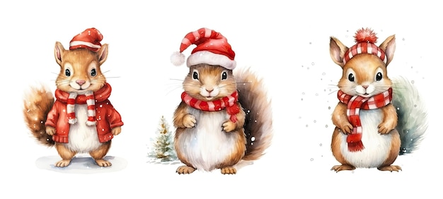 Character cute squirrel in christmas cloth watercolor ai generated happy forest nature adorable bear drawg character cute squirrel in christmas cloth watercolor illustration