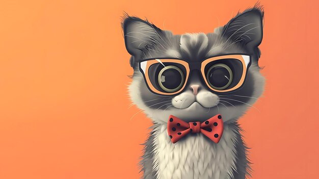 character design of a cat wearing glasses and a bow tie