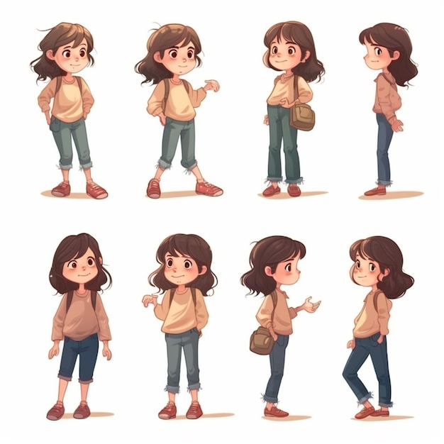 Character design for a girl with a brown sweater and blue jeans.