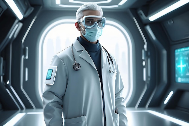 Photo a character of a doctor in a white medical face mask in a futuristic setting incorporating advanced