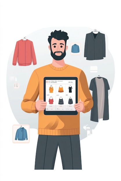 Character Holding Tablet Displaying Fashion Store and Surrounded by Clothes on Solid Background