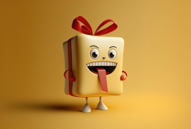 Character mascot with a white tooth and a present box with a red ribbon on a yellow backdrop