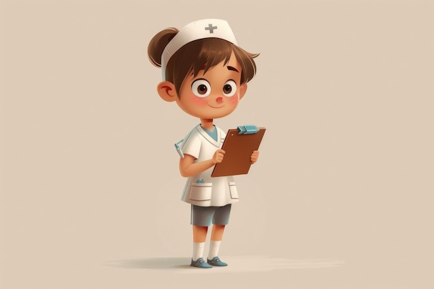 Character nurse holding clipboard pixar child illustration style full colour full body nurse uniform flat colours white background no outline ar 32 stylize 250 Job ID 0418d994e180498ebfb236aabff4a7f6