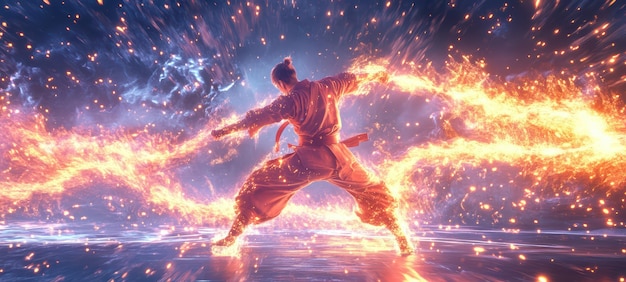 Photo character performing highspeed martial arts moves with exaggerated motion blur and dramatic angles