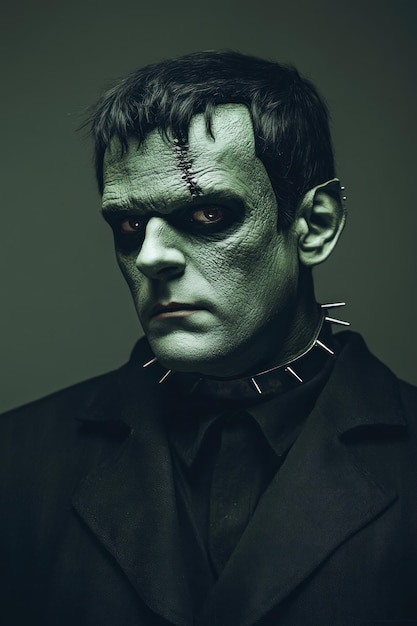 Photo a character resembling frankenstein39s monster with green skin and a somber expression