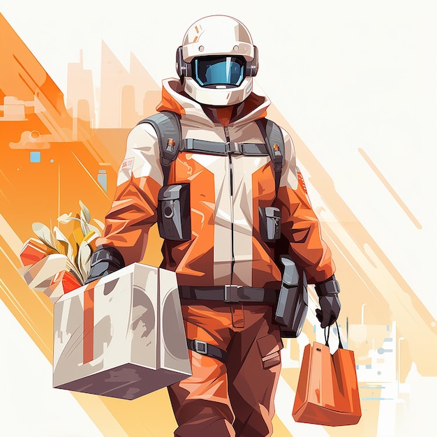 Character in Soldier Suit and Helmet Carrying Shopping Bags