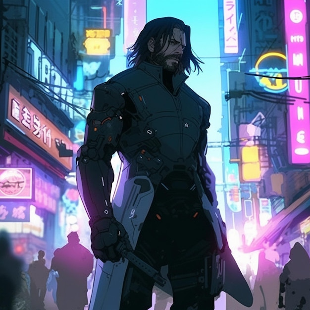 A character in the style of cyberpunk and anime