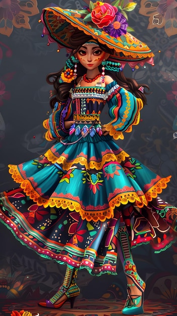 A character in traditional Mexican clothes The bright patterns and style of clothing embody the cul