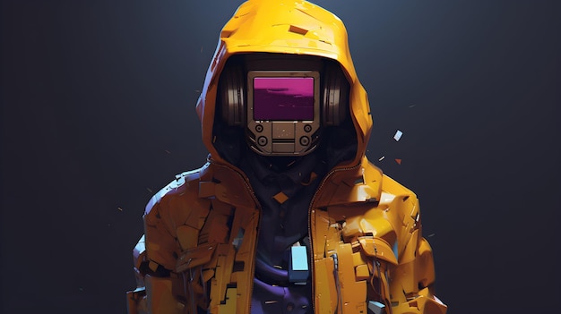 a character wearing a blue jacket with a yellow helmet