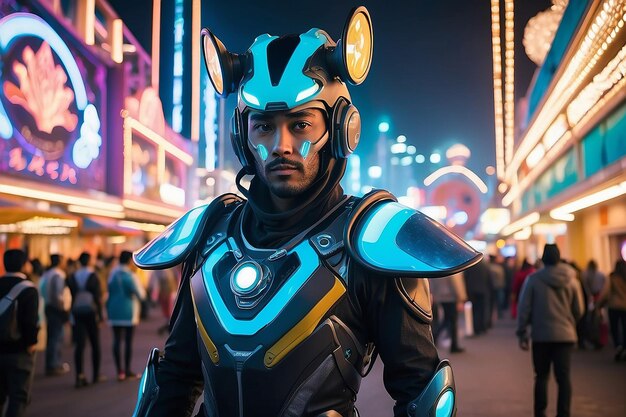 Character wearing costume at futuristic carnival