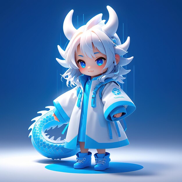 a character whitehaired girl with horns and a blue coat