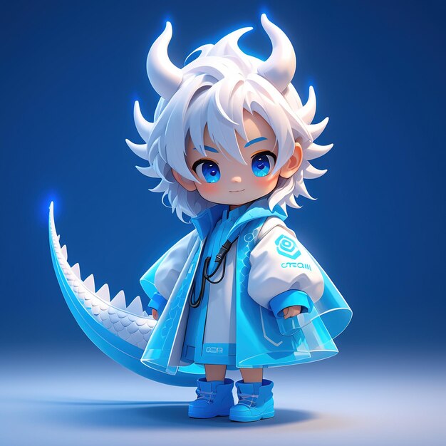 a character whitehaired girl with horns and a blue coat