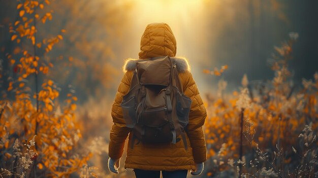 A character with a backpack wanders through a forest under the sunlight