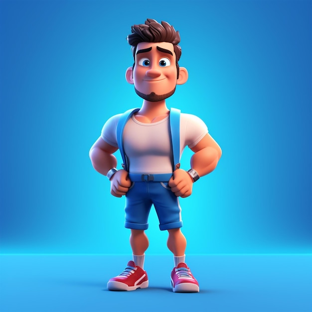 A character with a blue shirt and shorts stands in front of a blue background.