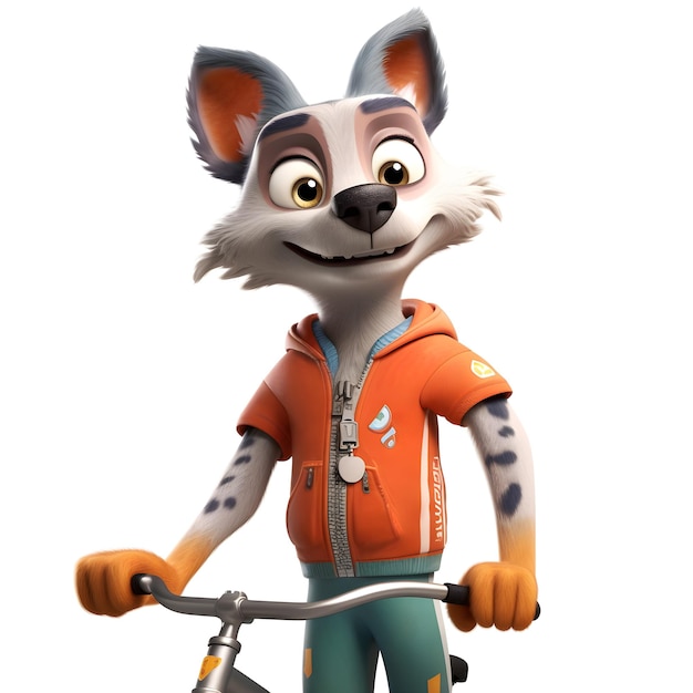 A character with a cat on a bike wearing an orange jacket.