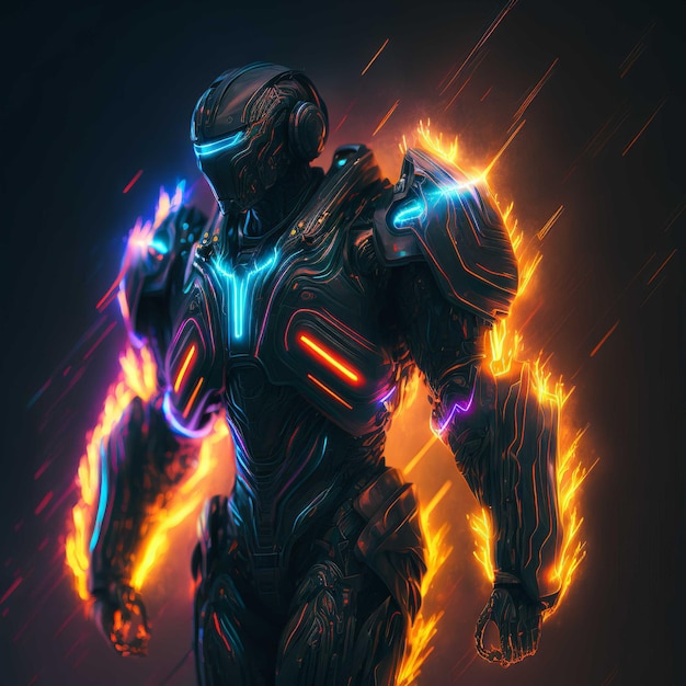 A character with a glowing helmet and a neon light on his chest