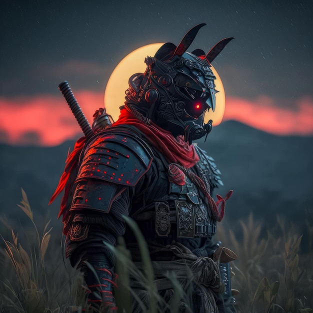 A character with red eyes stands in a field with a moon in the background.