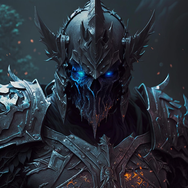 A character with a skull and blue eyes stands in front of a dark background.