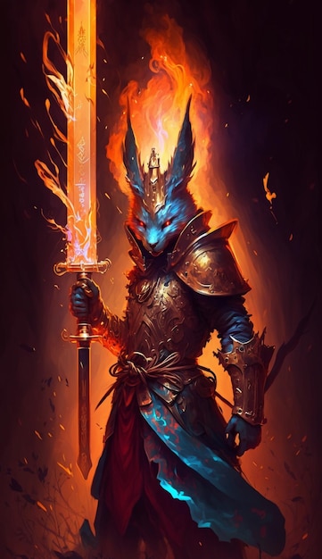 A character with a sword and fire on his face.