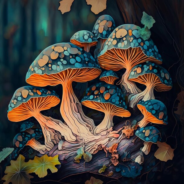 Characteristics of fungi living in wood as a group 3D illustration